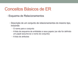 • Esquema de Relacionamentos
• Descrição de um conjunto de relacionamentos do mesmo tipo,
incluindo
• O nome para o conjunto
• A lista de esquema de entidades e seus papeis (se não for definido
um papel assume-se o nome do conjunto)
• A lista de atributos
Conceitos Básicos de ER
 
