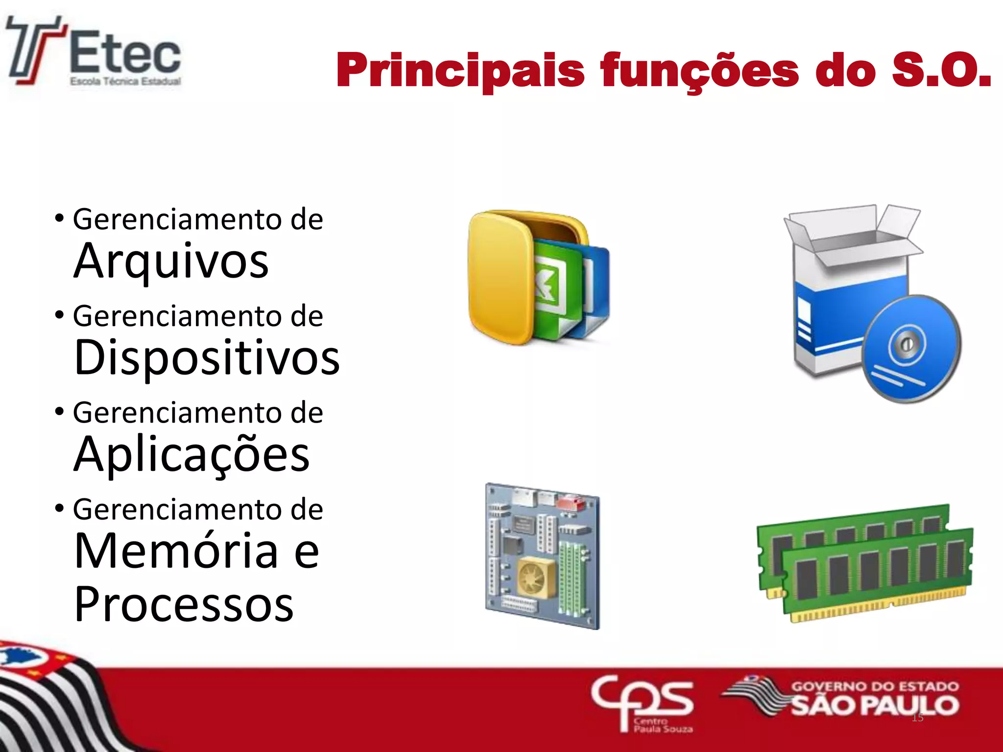 Principais funções do S.O.
• Gerenciamento de
Arquivos
• Gerenciamento de
Dispositivos
• Gerenciamento de
Aplicações
• Gerenciamento de
Memória e
Processos
15
 