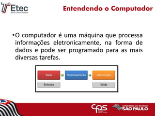 Entendendo o Computador
•O computador é uma máquina que processa
informações eletronicamente, na forma de
dados e pode ser programado para as mais
diversas tarefas.
 