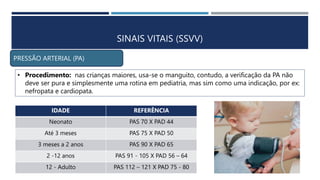 SINAIS VITAIS (SSVV)
PRESSÃO ARTERIAL (PA)
• Procedimento: nas crianças maiores, usa-se o manguito, contudo, a verificação da PA não
deve ser pura e simplesmente uma rotina em pediatria, mas sim como uma indicação, por ex:
nefropata e cardiopata.
IDADE REFERÊNCIA
Neonato PAS 70 X PAD 44
Até 3 meses PAS 75 X PAD 50
3 meses a 2 anos PAS 90 X PAD 65
2 -12 anos PAS 91 - 105 X PAD 56 – 64
12 - Adulto PAS 112 – 121 X PAD 75 - 80
 