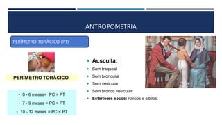 ANTROPOMETRIA
 Ausculta:
 Som traqueal
 Som bronquial
 Som vesicular
 Som bronco vesicular
 Estertores secos: roncos e sibilos.
PERÍMETRO TORÁCICO (PT)
 