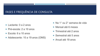 FASES E FREQUÊNCIA DE CONSULTA
 Lactante: 0 a 2 anos
 Pré-escola: 2 a 10 anos
 Escola: 6 a 10 anos
 Adolescente: 10 a 19 anos (OMS)
 Na 1° ou 2° semana de vida
 Mensal até 6 meses
 Trimestral até 2 anos
 Semestral até 5 anos
 Anual até 19 anos
 