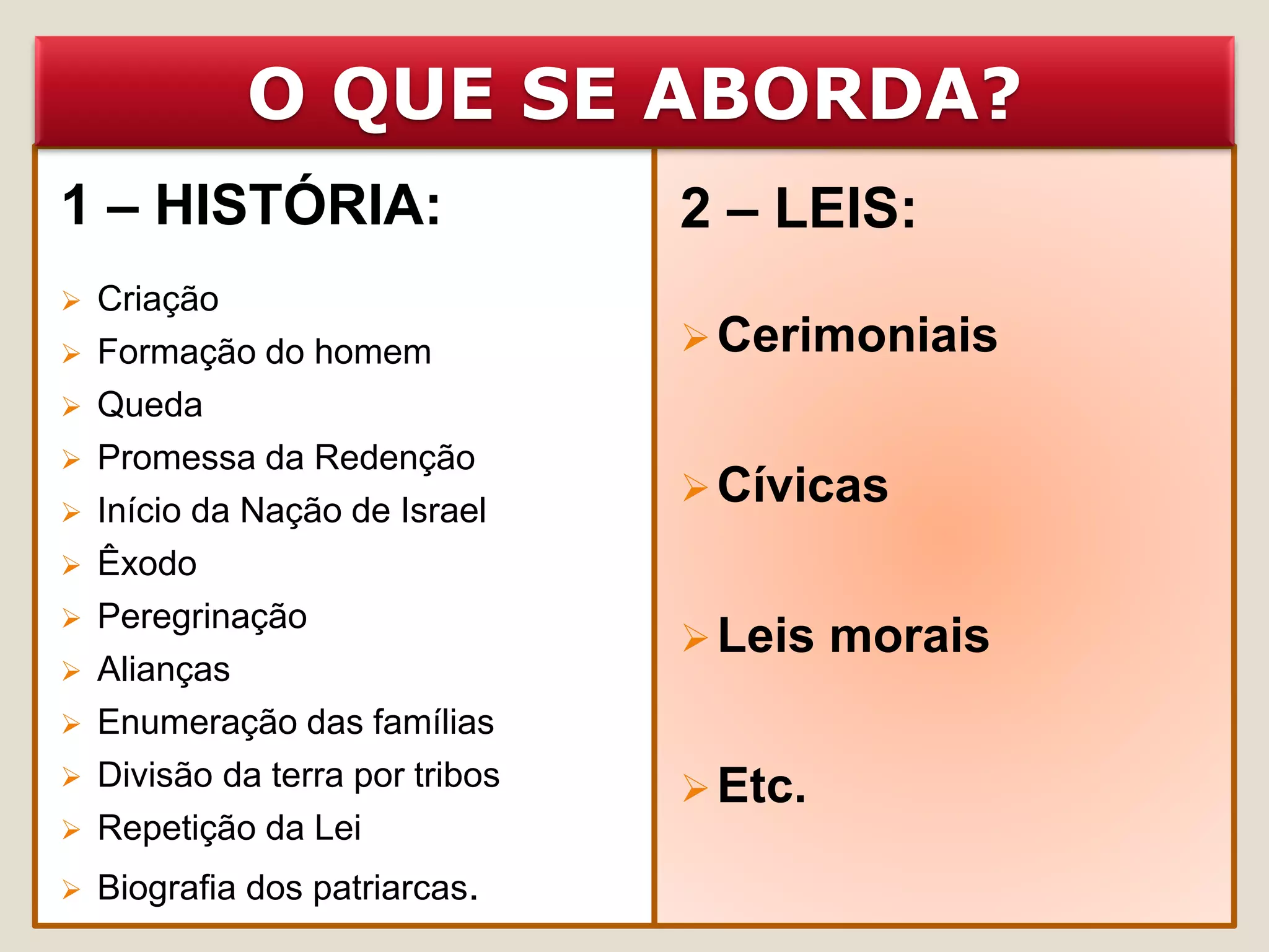 1 – HISTÓRIA:
 Criação
 Formação do homem
 Queda
 Promessa da Redenção
 Início da Nação de Israel
 Êxodo
 Peregrinação
 Alianças
 Enumeração das famílias
 Divisão da terra por tribos
 Repetição da Lei
 Biografia dos patriarcas.
2 – LEIS:
Cerimoniais
Cívicas
Leis morais
Etc.
O QUE SE ABORDA?
 