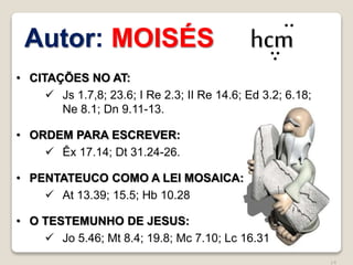 14
• CITAÇÕES NO AT:
 Js 1.7,8; 23.6; I Re 2.3; II Re 14.6; Ed 3.2; 6.18;
Ne 8.1; Dn 9.11-13.
• ORDEM PARA ESCREVER:
 Êx 17.14; Dt 31.24-26.
• PENTATEUCO COMO A LEI MOSAICA:
 At 13.39; 15.5; Hb 10.28
• O TESTEMUNHO DE JESUS:
 Jo 5.46; Mt 8.4; 19.8; Mc 7.10; Lc 16.31
Autor: MOISÉS hcm
 