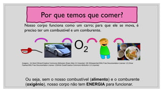 Nosso corpo funciona como um carro; para que ele se mova, é
preciso ter um combustível e um comburente.
Por que temos que comer?
Ou seja, sem o nosso combustível (alimento) e o comburente
(oxigênio), nosso corpo não tem ENERGIA para funcionar.
O2
Imagens : (A) Nevit Dilmen/Creative Commons Attribution-Share Alike 3.0 Unported / (B) Wikisearcher/GNU Free Documentation License / (C) Einar
Faanes/GNU Free Documentation License / (D)Krish Dulal/Creative Commons Attribution 3.0 Unported
 