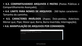 • 4.3. COMPARTILHANDO ARQUIVOS E PASTAS (Pastas Públicas e
Compartilhamento Avançado);
• 4.4. LIMITE PARA NOMES DE ARQUIVOS - 260 bytes caracteres -
Tamanho do caminho;
• 4.5. CARACTERES INVÁLIDOS (Aspas; Dois-pontos; Asterisco;
Menor que; Pipe; Maior que; Barra; Barra Invertida; Interrogação);
• 4.6. MANIPULAÇÃO DE ARQUIVOS POR COMANDOS:
Profº Lucas Mansueto
 