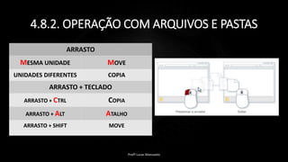 4.8.2. OPERAÇÃO COM ARQUIVOS E PASTAS
Profº Lucas Mansueto
ARRASTO
MESMA UNIDADE MOVE
UNIDADES DIFERENTES COPIA
ARRASTO + TECLADO
ARRASTO + CTRL COPIA
ARRASTO + ALT ATALHO
ARRASTO + SHIFT MOVE
 