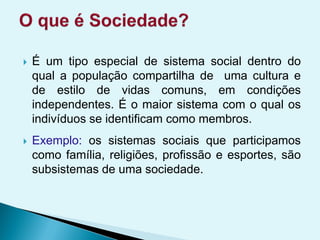  É um tipo especial de sistema social dentro do
qual a população compartilha de uma cultura e
de estilo de vidas comuns, em condições
independentes. É o maior sistema com o qual os
indivíduos se identificam como membros.
 Exemplo: os sistemas sociais que participamos
como família, religiões, profissão e esportes, são
subsistemas de uma sociedade.
 