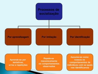 Processos de
socialização
Por aprendizagem Por imitação Por identificação
Aprende-se por
tentativas,
erros e repetições
Repete-se
mecanicamente
os comportamentos
observados
Assume-se como
nossos os
comportamentos de
indivíduos com os quais
nos identificamos
 
