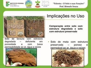 “Palestra - O Solo e suas Funções”
Prof. Rômulo Souza
 Solo de mata com estrutura
preservada – poroso e
permeável ao ar, água e raízes
 Solo de lavoura com estrutura
degradada – deficiente em
porosidade e com baixa
permeabilidade ao ar, água e raízes
Comparação entre solo com
estrutura degradada e solo
com estrutura preservada
Implicações no Uso
 
