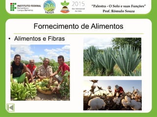 “Palestra - O Solo e suas Funções”
Prof. Rômulo Souza
Fornecimento de Alimentos
• Alimentos e Fibras
 