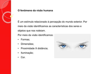 O fenômeno da visão humana
É um estímulo relacionado à percepção do mundo exterior. Por
meio da visão identificamos as características dos seres e
objetos que nos rodeiam.
Por meio da visão identificamos:
• Formas;
• Dimensões;
• Proximidade X distância;
• Iluminação;
• Cor.
 
