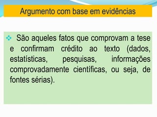  São aqueles fatos que comprovam a tese
e confirmam crédito ao texto (dados,
estatísticas, pesquisas, informações
comprovadamente científicas, ou seja, de
fontes sérias).
Argumento com base em evidências
 
