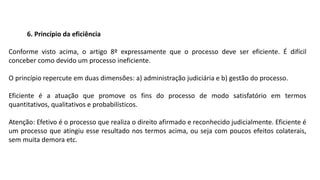 6. Princípio da eficiência
Conforme visto acima, o artigo 8º expressamente que o processo deve ser eficiente. É difícil
conceber como devido um processo ineficiente.
O princípio repercute em duas dimensões: a) administração judiciária e b) gestão do processo.
Eficiente é a atuação que promove os fins do processo de modo satisfatório em termos
quantitativos, qualitativos e probabilísticos.
Atenção: Efetivo é o processo que realiza o direito afirmado e reconhecido judicialmente. Eficiente é
um processo que atingiu esse resultado nos termos acima, ou seja com poucos efeitos colaterais,
sem muita demora etc.
 