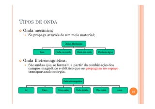 TIPOS DE ONDA
Onda mecânica;
Se propaga através de um meio material;
Onda Eletromagnética;
São ondas que se formam a partir da combinação dos
campos magnético e elétrico que se propagam no espaço
transportando energia.
25
 