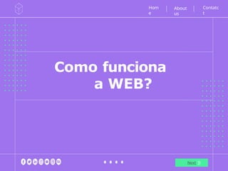 Como funciona
a WEB?
Next
Hom
e
Contatc
t
About
us
 