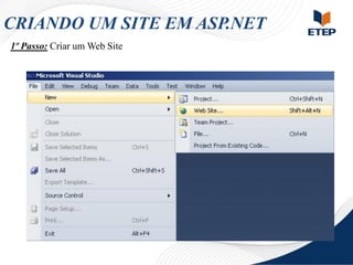 CRIANDO UM SITE EM ASP.NET
1º Passo: Criar um Web Site

 
