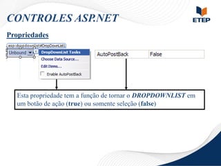 CONTROLES ASP.NET
Propriedades

Esta propriedade tem a função de tornar o DROPDOWNLIST em
um botão de ação (true) ou somente seleção (false)

 