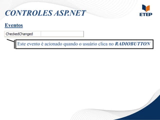 CONTROLES ASP.NET
Eventos

Este evento é acionado quando o usuário clica no RADIOBUTTON

 