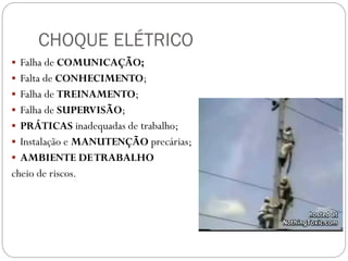 CHOQUE ELÉTRICO
 Falha de COMUNICAÇÃO;
 Falta de CONHECIMENTO;
 Falha de TREINAMENTO;
 Falha de SUPERVISÃO;
 PRÁTICAS inadequadas de trabalho;
 Instalação e MANUTENÇÃO precárias;
 AMBIENTE DETRABALHO
cheio de riscos.
 