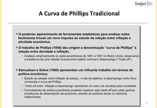 A Curva de Phillips Tradicional O posterior aparecimento de ferramentas estatísticas para analisar estes fenômenos trouxe um novo impulso ao estudo da relação entre inflação e atividade econômica. O trabalho de Phillips (1958) deu origem a denominação “curva de Phillips” à relação entre atividade e inflação. Analisou empiricamente os ciclos econômicos de 1861 a 1957 no Reino Unido, observando a existência de uma relação inversa entre salário nominal e desemprego (“Trade-off”) .  Samuelson e Solow (1960) apresentam um influente trabalho em termos de política econômica. Estudo da relação entre inflação de preços , e não de salários, e desemprego   como   ficou conhecida a curva de Phillips. Trade-off entre  inflação e desemprego representa um menu de escolhas para sociedade Formuladores de política econômica poderiam explorar este  trade-off  para obter ganhos duradouros de desempenho da economia ,através de políticas ativas ou reformas institucionais. 