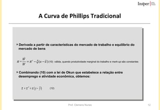 A Curva de Phillips Tradicional Derivada a partir de características do mercado de trabalho e equilíbrio do mercado de bens Combinando (10) com a lei de Okun que estabelece a relação entre desemprego e atividade econômica, obtemos: (10)  válida, quando produtividade marginal do trabalho e  mark-up  são constantes (12) 