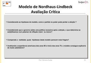 Modelo de Nordhaus-Lindbeck Avaliação Crítica Considerando as hipóteses do modelo, como o partido no poder pode perder a eleição ? Considerando que o governo adote uma política recessiva após a eleição, o que determina se estabilizamos num patamar de inflação maior  ou menor?  Comparada a  realidade, quais  hipóteses deste modelo parecem mais frágeis?  Analisando a experiência americana dos anos 60 e início dos anos 70, o modelo consegue explicá-la de modo satisfatório?  