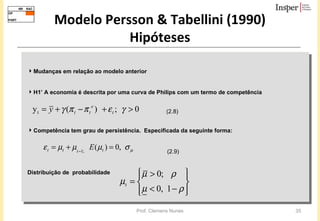 Modelo Persson & Tabellini (1990) Hipóteses Mudanças em relação ao modelo anterior H1’ A economia é descrita por uma curva de Philips com um termo de competência (2.8) Competência tem grau de persistência.  Especificada da seguinte forma: (2.9) Distribuição de  probabilidade 