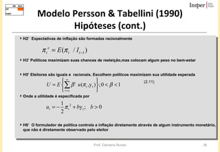 Modelo Persson & Tabellini (1990) Hipóteses (cont.) H2’  Expectativas de inflação são formadas racionalmente H3’ Políticos maximizam suas chances de reeleição,mas colocam algum peso no bem-estar H5’ Eleitores são iguais e  racionais. Escolhem políticos maximizam sua utilidade esperada (2.11) Onde a utilidade é especificada por H6’  O formulador de política controla a inflação diretamente através de algum instrumento monetário, que não é diretamente observado pelo eleitor 