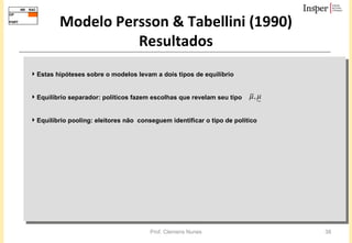 Modelo Persson & Tabellini (1990) Resultados Estas hipóteses sobre o modelos levam a dois tipos de equilíbrio Equilíbrio separador: políticos fazem escolhas que revelam seu tipo   Equilíbrio pooling: eleitores não  conseguem identificar o tipo de político 