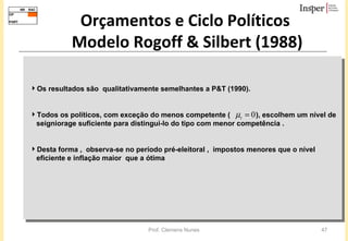 Orçamentos e Ciclo Políticos  Modelo Rogoff & Silbert (1988) Os resultados são  qualitativamente semelhantes a P&T (1990). Todos os políticos, com exceção do menos competente (  ), escolhem um nível de seigniorage suficiente para distingui-lo do tipo com menor competência .  Desta forma ,  observa-se no período pré-eleitoral ,  impostos menores que o nível eficiente e inflação maior  que a ótima 