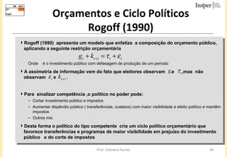 Orçamentos e Ciclo Políticos Rogoff (1990) Rogoff (1990)  apresenta um modelo que enfatiza  a composição do orçamento público, aplicando a seguinte restrição orçamentária Onde  é o investimento público com defasagem de produção de um período A assimetria de informação vem do fato que eleitores observam  e  ,mas  não observam  e  .  Para  sinalizar competência ,o político no poder pode: Cortar investimento público e impostos Aumentar dispêndio público ( transferências, custeios) com maior visibilidade e efeito político e mantêm impostos Outros mix. Desta forma o político do tipo competente  cria um ciclo político orçamentário que favorece transferências e programas de maior visibilidade em prejuízo do investimento público  e do corte de impostos   