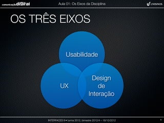 Aula 01: Os Eixos da Disciplina




OS TRÊS EIXOS


                    Usabilidade


                                         Design
                UX                         de
                                       Interação


      INTERFACES II • turma 2012, bimestre 2012/4 – 18/10/2012   4
 