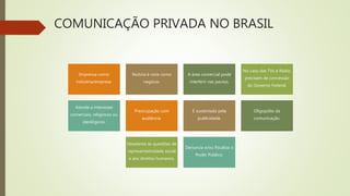 COMUNICAÇÃO PRIVADA NO BRASIL
Imprensa como
indústria/empresa.
Notícia é vista como
negócio.
A área comercial pode
interferir nas pautas.
No caso das TVs e Rádio,
precisam de concessão
do Governo Federal.
Atende a interesses
comerciais, religiosos ou
ideológicos.
Preocupação com
audiência.
É sustentada pela
publicidade.
Oligopólio da
comunicação.
Desatenta às questões de
representatividade social
e aos direitos humanos.
Denuncia e/ou fiscaliza o
Poder Público.
 