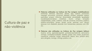 Cultura de paz e
não-violência
 Palavras utilizadas na Cultura de Paz (origem mobilizadora):
Enfrentar, eliminar, descartar, alertar, agir, realizar, promover,
interagir, encontrar, conversar, debater, acolher, respeitar, tolerar,
participar, propor, informar, diversidade, pluralidade, igualdade,
socialização/socializar, mobilizar, reunir, amigo, amizade,
solidariedade, união, coletivo, roda de conversa, encontro, público,
público-prioritário, grupo, grupo social, pessoas com câncer,
pessoas com diabetes, pessoas com hanseníase, pessoas com HIV,
etc.
 Palavras não utilizadas na Cultura de Paz (origem bélica):
Guerra, arma, agressão/agredir, portador/portadores, adversário,
inimigo, combate/combater, batalha, golpe, luta, matar, assassinar,
massacrar, violentar, brigar, exterminar, atacar, alvo, público-alvo,
alvo atingido, inimigo, inimigo público, etc.
 