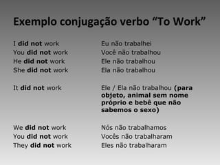 Exemplo conjugação verbo “To Work” I  did not  work Eu não trabalhei You  did not  work Você não trabalhou He  did not  work Ele não trabalhou She  did not  work Ela não trabalhou   It  did not  work Ele / Ela não trabalhou  (para  objeto, animal sem nome  próprio e bebê que não  sabemos o sexo)   We  did not  work Nós não trabalhamos You  did not  work Vocês não trabalharam They  did not  work Eles não trabalharam 