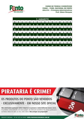 CURSO DE TEORIA E EXERCÍCIOS
FUNAI – FUND. NACIONAL DO INDÍO
AULA 01 – Princípios Administrativos
Prof. Edson Marques
www.pontodosconcursos.com.br | Prof. Edson Marques 155
7. GABARITO
01 B 11 A 21 E 31 A 41 A 51 C 61 A 71 B
02 C 12 B 22 B 32 E 42 B 52 E 62 C 72 C
03 B 13 C 23 E 33 D 43 B 53 B 63 A 73 A
04 E 14 C 24 D 34 C 44 C 54 B 64 D 74 E
05 B 15 D 25 B 35 E 45 C 55 C 65 B 75 D
06 C 16 B 26 C 36 C 46 B 56 B 66 C 76 C
07 E 17 C 27 E 37 C 47 A 57 C 67 C 77 B
08 D 18 B 28 D 38 B 48 E 58 A 68 B 78 C
09 D 19 B 29 C 39 B 49 E 59 E 69 A 79 A
10 D 20 D 30 E 40 D 50 B 60 C 70 D 80 B
 