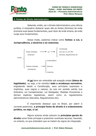 CURSO DE TEORIA E EXERCÍCIOS
FUNAI – FUND. NACIONAL DO INDÍO
AULA 01 – Princípios Administrativos
Prof. Edson Marques
www.pontodosconcursos.com.br | Prof. Edson Marques 8
2. Fontes do Direito Administrativo
Sabendo, então, ser o Direito Administrativo uma ciência
jurídica, é necessário destacar quais são as fontes (formais) de onde
promana suas bases fundamentais, quer dizer de onde emana, de onde
surge seus fundamentos.
Desse modo, podemos indicar como fontes: a Lei, a
Jurisprudência, a doutrina e os costumes.
Constituição
Direta (imediata) Lei Leis (LO, LC, LD, MP)
Fontes
(Próprias)* Decretos, Regulamentos etc
Jurisprudência
Indireta (mediata) Doutrina
(Impróprias)
Costumes
A Lei deve ser entendida sob acepção ampla (bloco de
legalidade), ou seja, a lei constitui todo o arcabouço normativo,
englobando desde a Constituição, seus princípios expressos e
implícitos, suas regras e valores, às Leis em sentido estrito (Lei
Ordinária, Lei Complementar, Lei Delegada), Medidas Provisórias e
demais espécies legislativas, assim como os regulamentos
administrativos (Decretos, Regulamentos etc).
É importante destacar que no Brasil, por aderir à
corrente positivista, a principal fonte do direito é o ordenamento
jurídico, ou seja, a Lei.
Alguns autores ainda colocam os princípios gerais do
direito como fonte principal a preencher eventuais lacunas, havendo,
no entanto, os que entendem que se tratam de regras de integração.
 