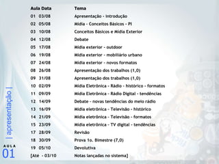 Aula Data Tema 01 03/08 Apresentação - introdução 02 05/08 Mídia – Conceitos Básicos - PI 03 10/08 Conceitos Básicos e Mídia Exterior 04 12/08 Debate 05 17/08 Mídia exterior - outdoor 06 19/08   Mídia exterior – mobiliário urbano 07 24/08 Mídia exterior – novos formatos 08 26/08 Apresentação dos trabalhos (1,0) 09 31/08 Apresentação dos trabalhos (1,0) 10 02/09 Mídia Eletrônica - Rádio – histórico - formatos 11 09/09 Mídia Eletrônica – Rádio Digital - tendências 12 14/09 Debate – novas tendências do meio rádio 13 16/09 Mídia eletrônica – Televisão - histórico 14 21/09 Mídia eletrônica – Televisão - formatos 15 23/09 Mídia eletrônica – TV digital - tendências 28/09 Revisão 30/09 Prova 1o. Bimestre (7,0) 05/10 Devolutiva [Até  - 03/10 Notas lançadas no sistema] 