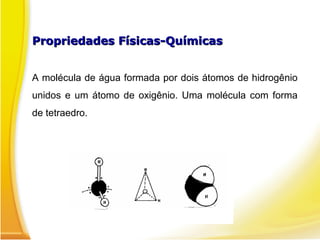 Propriedades Físicas-QuímicasPropriedades Físicas-Químicas
A molécula de água formada por dois átomos de hidrogênio
unidos e um átomo de oxigênio. Uma molécula com forma
de tetraedro.
 