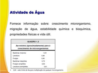 Atividade de ÁguaAtividade de Água
Fornece informação sobre: crescimento microrganismo,
migração de água, estabilidade química e bioquímica,
propriedades físicas e vida útil.
 