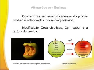 Alterações por Enzimas
Ocorrem por enzimas procedentes do próprio
produto ou elaboradas por microrganismos.
Modificação Organolépticas: Cor, sabor e a
textura do produto
Enzima em contato com oxigênio atmosférico Amadurecimento
 