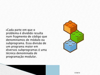 Cada parte em que o
problema é dividido resulta
num fragmento de código que
denominamos de módulo ou
subprograma. Essa divisão de
um programa maior em
diversos subprogramas é uma
técnica denominada de
programação modular.
01/09/15
 