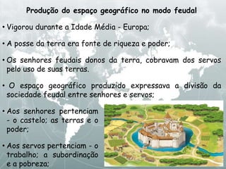 Produção do espaço geográfico no modo feudal
• Vigorou durante a Idade Média - Europa;
• A posse da terra era fonte de riqueza e poder;
• Os senhores feudais donos da terra, cobravam dos servos
pelo uso de suas terras.
• O espaço geográfico produzido expressava a divisão da
sociedade feudal entre senhores e servos;
• Aos senhores pertenciam
- o castelo; as terras e o
poder;
• Aos servos pertenciam - o
trabalho; a subordinação
e a pobreza;
 