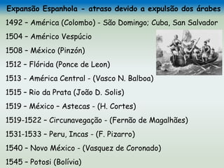 Expansão Espanhola - atraso devido a expulsão dos árabes
1492 – América (Colombo) - São Domingo; Cuba, San Salvador
1504 – Américo Vespúcio
1508 – México (Pinzón)
1512 – Flórida (Ponce de Leon)
1513 - América Central - (Vasco N. Balboa)
1515 – Rio da Prata (João D. Solis)
1519 – México – Astecas - (H. Cortes)
1519-1522 – Circunavegação - (Fernão de Magalhães)
1531-1533 – Peru, Incas - (F. Pizarro)
1540 – Novo México - (Vasquez de Coronado)
1545 – Potosi (Bolívia)
 