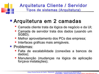 Arquitetura Cliente / Servidor 
Tipos de sistemas (Arquitetura) 
 Arquitetura em 2 camadas 
 Camada cliente trata da lógica de negócio e da UI; 
 Camada de servidor trata dos dados (usando um 
SGBD); 
 Melhor aproveitamento dos PCs das empresa; 
 Interfaces gráficas mais amigáveis. 
Arleys Pereira Nunes de Castro - Mestrando : Modelagem computacional (SENAI-MCTI) 
Especialista : Sistema distribuídos (UFBA)(arleys.castro@gmail.com) 
 Problemas: 
 Falta de escalabilidade (conexões a bancos de 
dados); 
 Manutenção (mudanças na lógica de aplicação 
forçava instalações); 
 