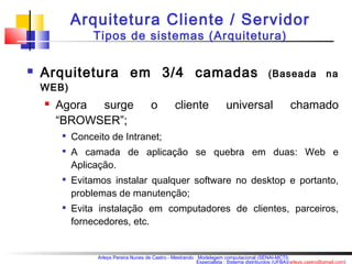 Arquitetura Cliente / Servidor 
Tipos de sistemas (Arquitetura) 
 Arquitetura em 3/4 camadas (Baseada na 
WEB) 
 Agora surge o cliente universal chamado 
“BROWSER”; 
 Conceito de Intranet; 
 A camada de aplicação se quebra em duas: Web e 
Aplicação. 
 Evitamos instalar qualquer software no desktop e portanto, 
problemas de manutenção; 
 Evita instalação em computadores de clientes, parceiros, 
fornecedores, etc. 
Arleys Pereira Nunes de Castro - Mestrando : Modelagem computacional (SENAI-MCTI) 
Especialista : Sistema distribuídos (UFBA)(arleys.castro@gmail.com) 
 