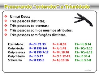  Um só Deus;
 Três pessoas distintas;
 Três pessoas co-eternas;
 Três pessoas com os mesmos atributos;
 Três pessoas com funções distintas.
Eternidade P= Gn 21:33 F= Jo 8:58 ES= Hb 9:14
Onisciência P= Sl 139:1-6 F= Jo 1:48 ES= 1Co 2:10
Onipresença P= Sl 139:7-12 F= Mt 18:20 ES= 1Co 6:19
Onipotência P= Jó 5:17 F= Cl 1:12-19 ES= Jó 33:4
Soberania P= Sl 135:6 F= Ap 19:16 ES= Jo 3:6-8
Pr.Davi Passos
 