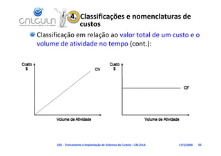 4.  Classificações e nomenclaturas de 
                   custos
Classificação em relação ao valor total de um custo e o 
volume de atividade no tempo (cont.):
volume de atividade no tempo (cont )




      D01 ‐ Treinamento e Implantação de Sistemas de Custeio ‐ CALCULA   17/3/2009   50
 