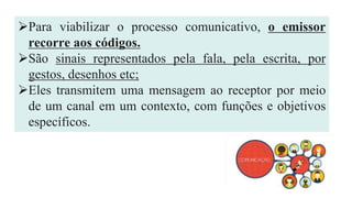 Para viabilizar o processo comunicativo, o emissor
recorre aos códigos.
São sinais representados pela fala, pela escrita, por
gestos, desenhos etc;
Eles transmitem uma mensagem ao receptor por meio
de um canal em um contexto, com funções e objetivos
específicos.
 